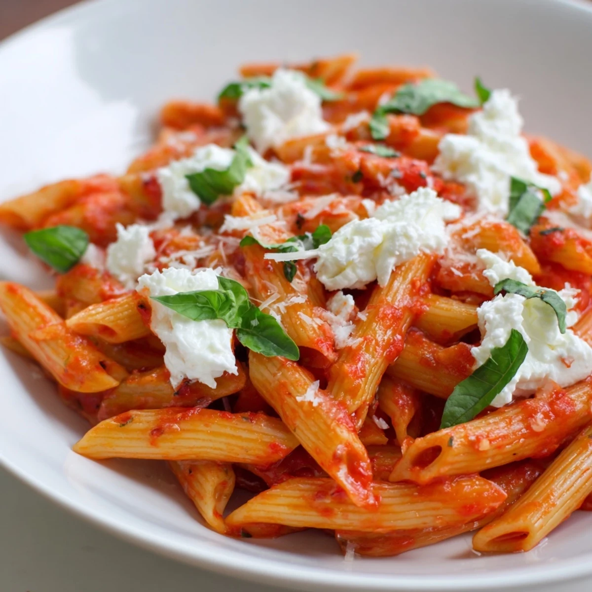 Creamy tomato garlic ricotta penne topped with fresh basil and grated Parmesan cheese