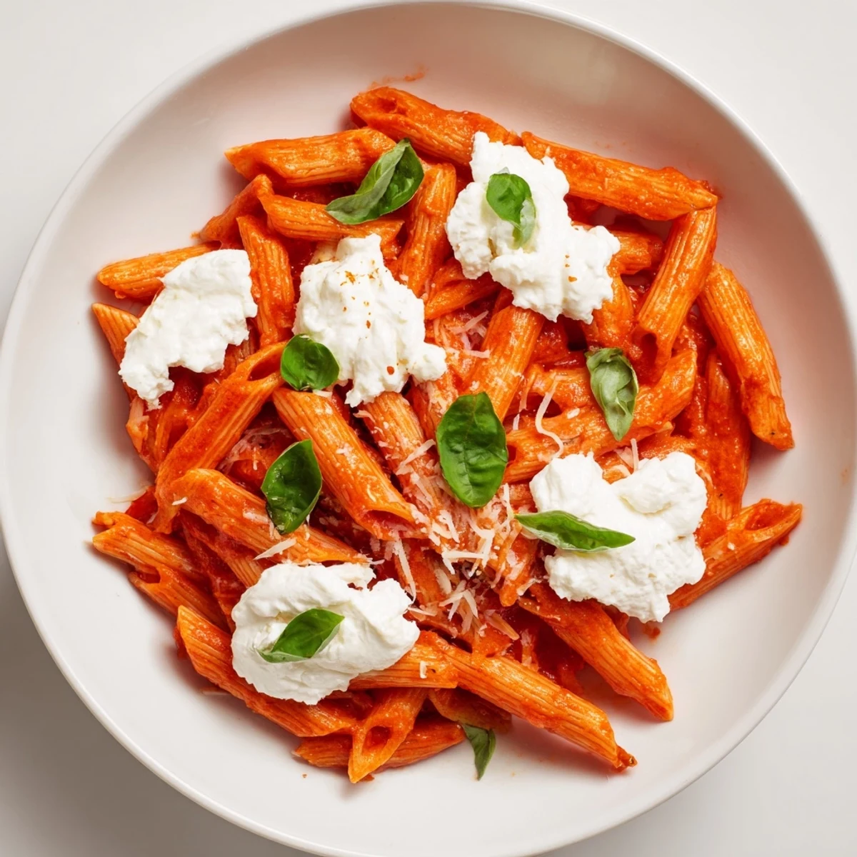 Tender penne pasta coated in rich garlicky tomato sauce with creamy ricotta swirls