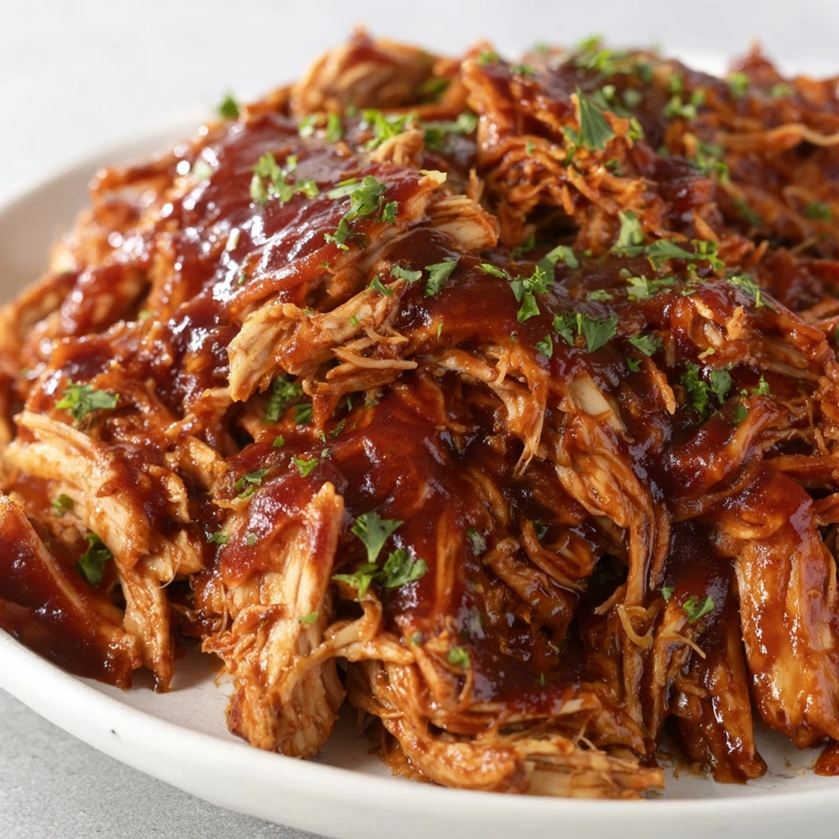 Shredded Sweet Baby Ray's Crockpot Chicken piled high on a toasted bun with fresh parsley garnish