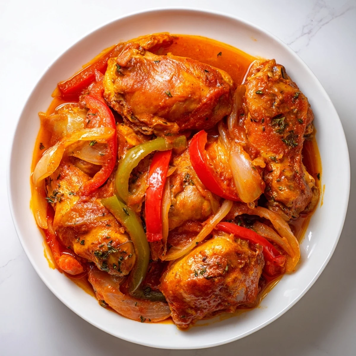 Golden Senegalese chicken simmered in rich tomato sauce with colorful bell peppers and aromatic spices