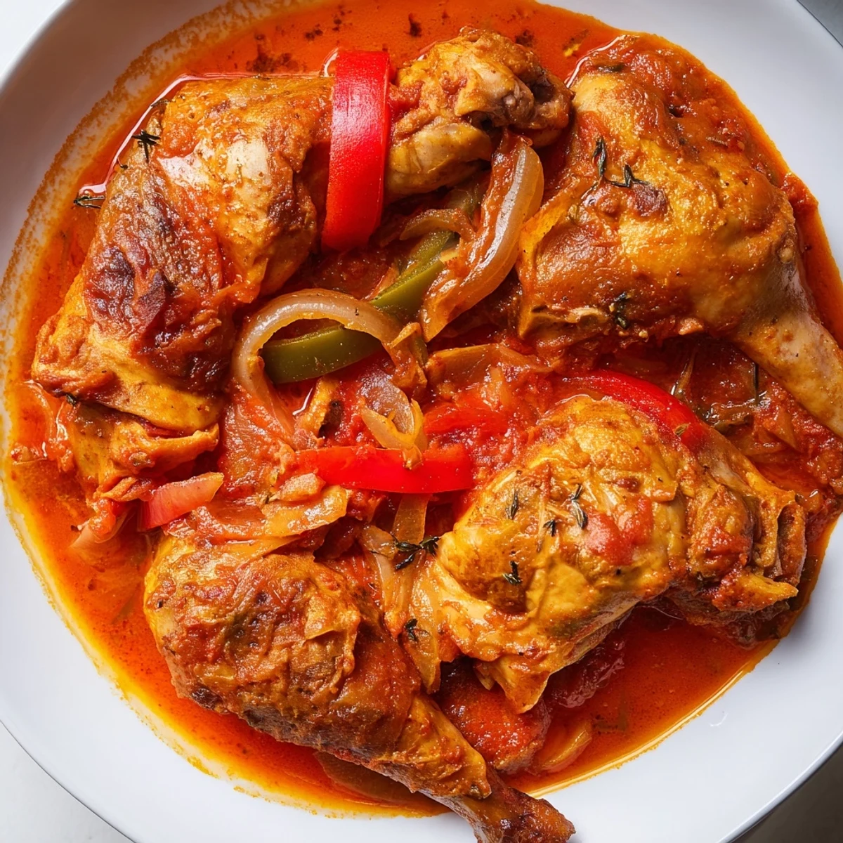 Tender Senegalese chicken served over fluffy white rice topped with fresh parsley garnish
