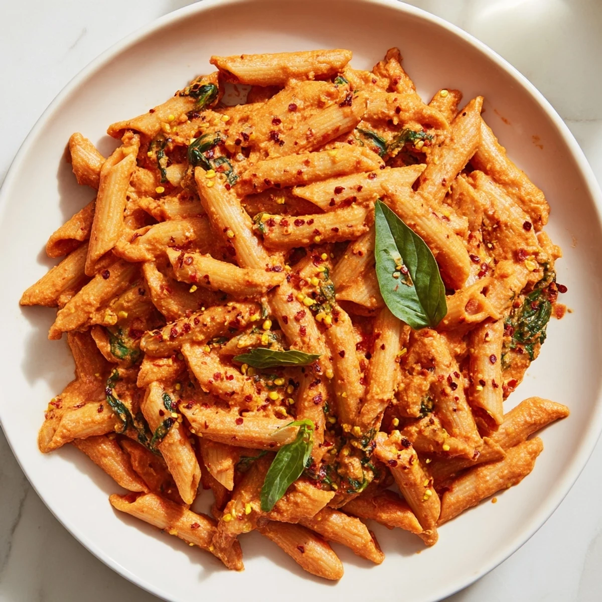 Creamy sun dried tomato vegan pasta topped with fresh basil and red pepper flakes