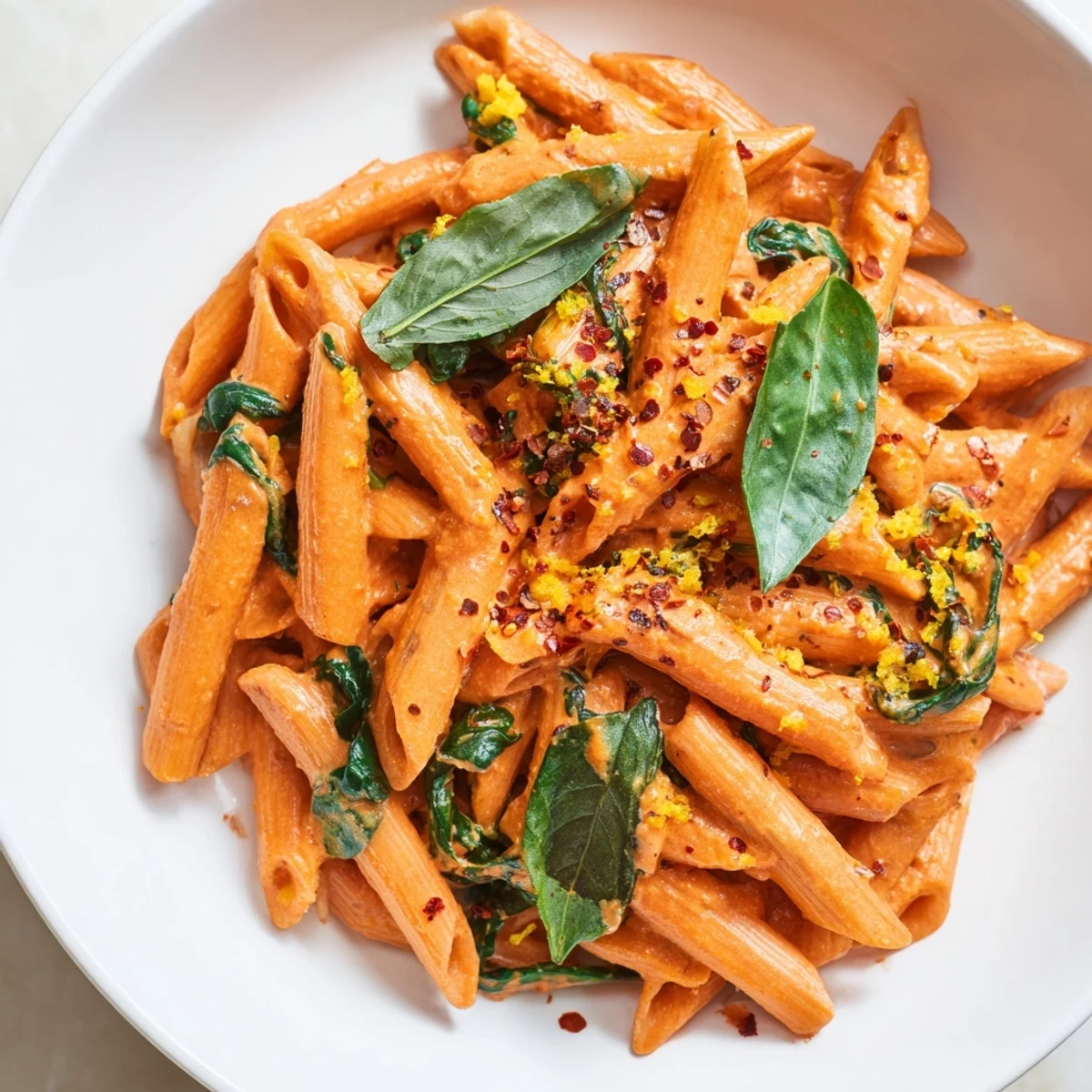 Twirly pasta coated in rich sun dried tomato vegan pasta sauce with wilted spinach