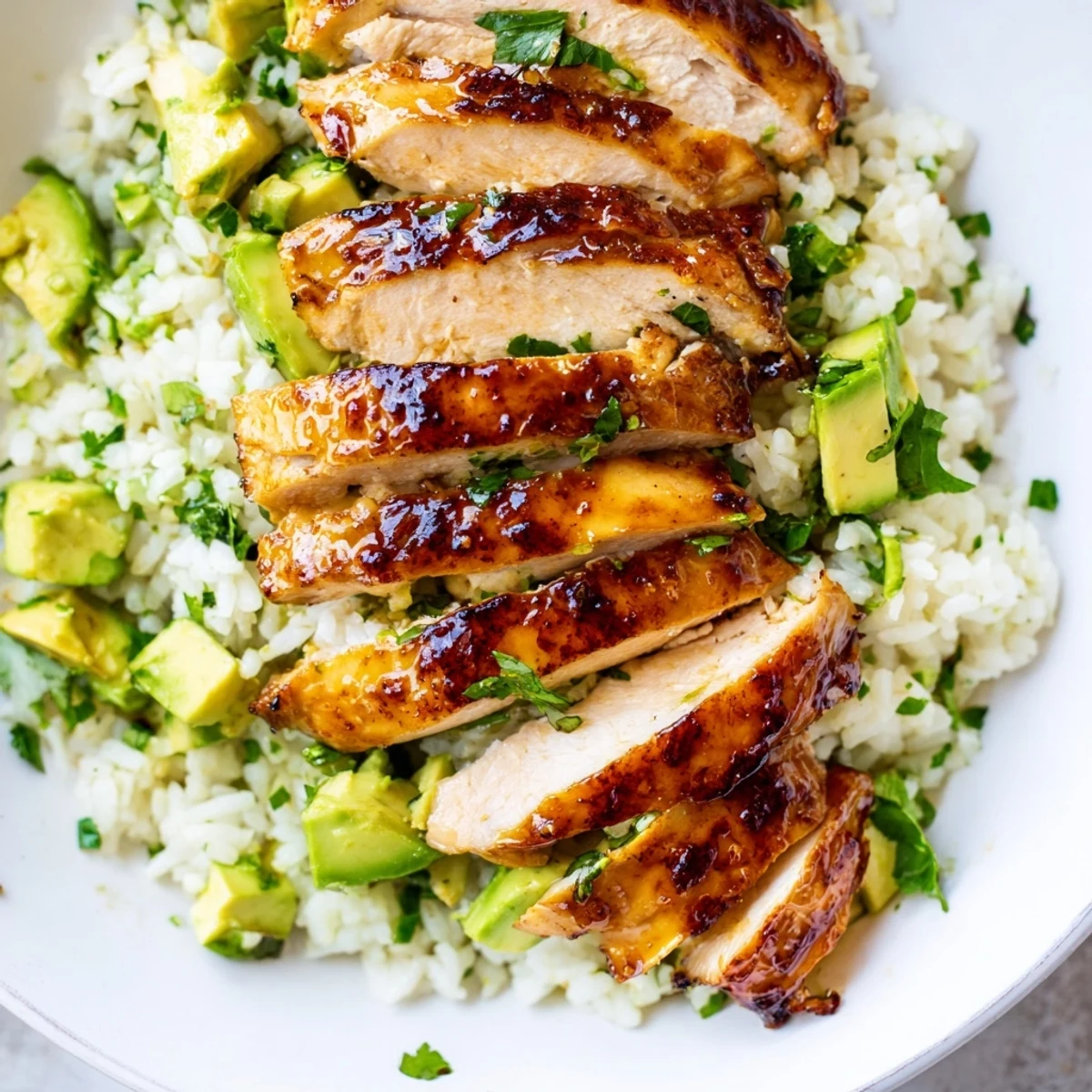 Golden honey lime chicken with grill marks served over creamy green avocado rice