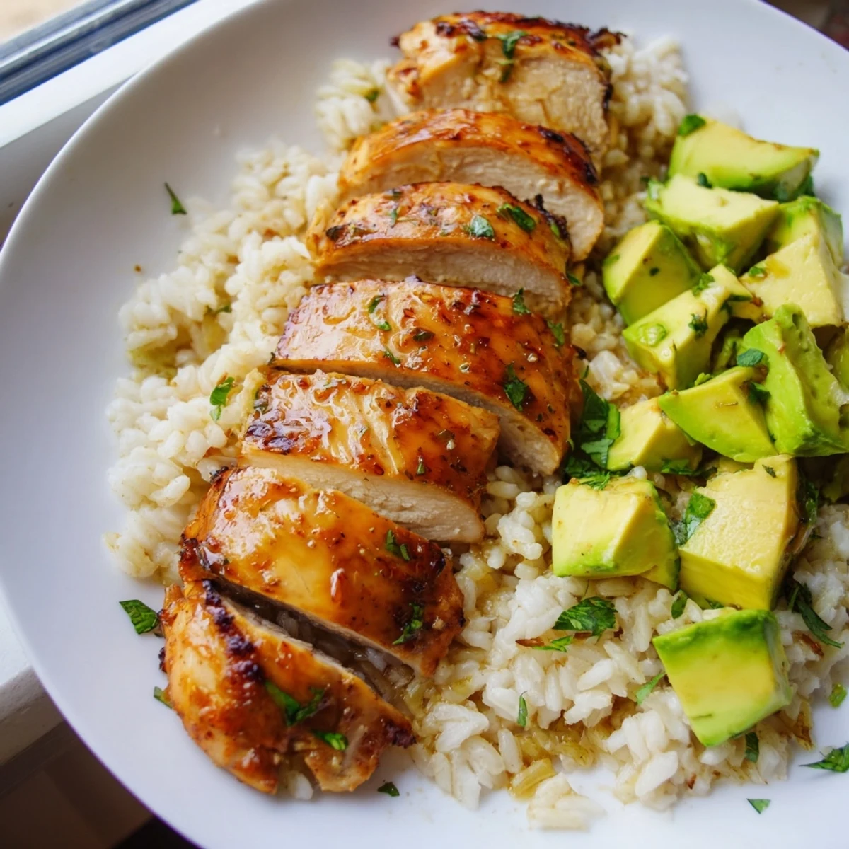 Juicy sliced honey lime chicken nestled on fluffy rice mixed with avocado