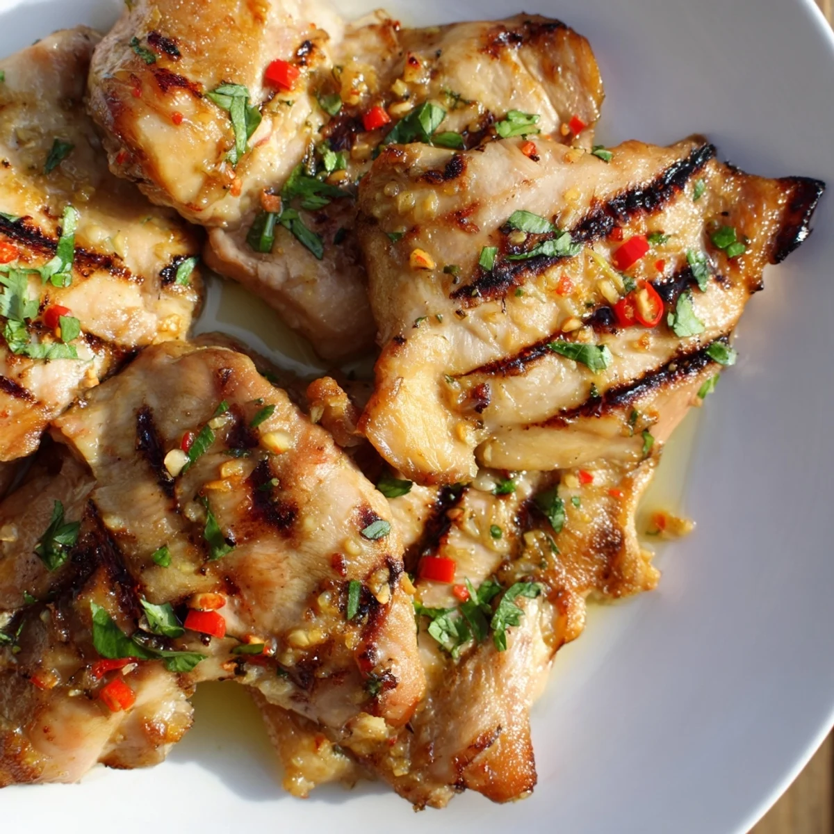 Golden Grilled Vietnamese Chicken with visible char marks served on a white plate with fresh cilantro and lime wedges