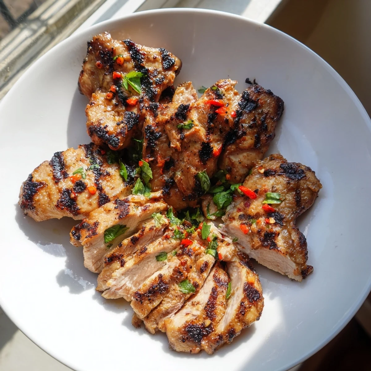 Juicy sliced Grilled Vietnamese Chicken topped with chopped herbs beside crisp cucumber rounds and bright citrus