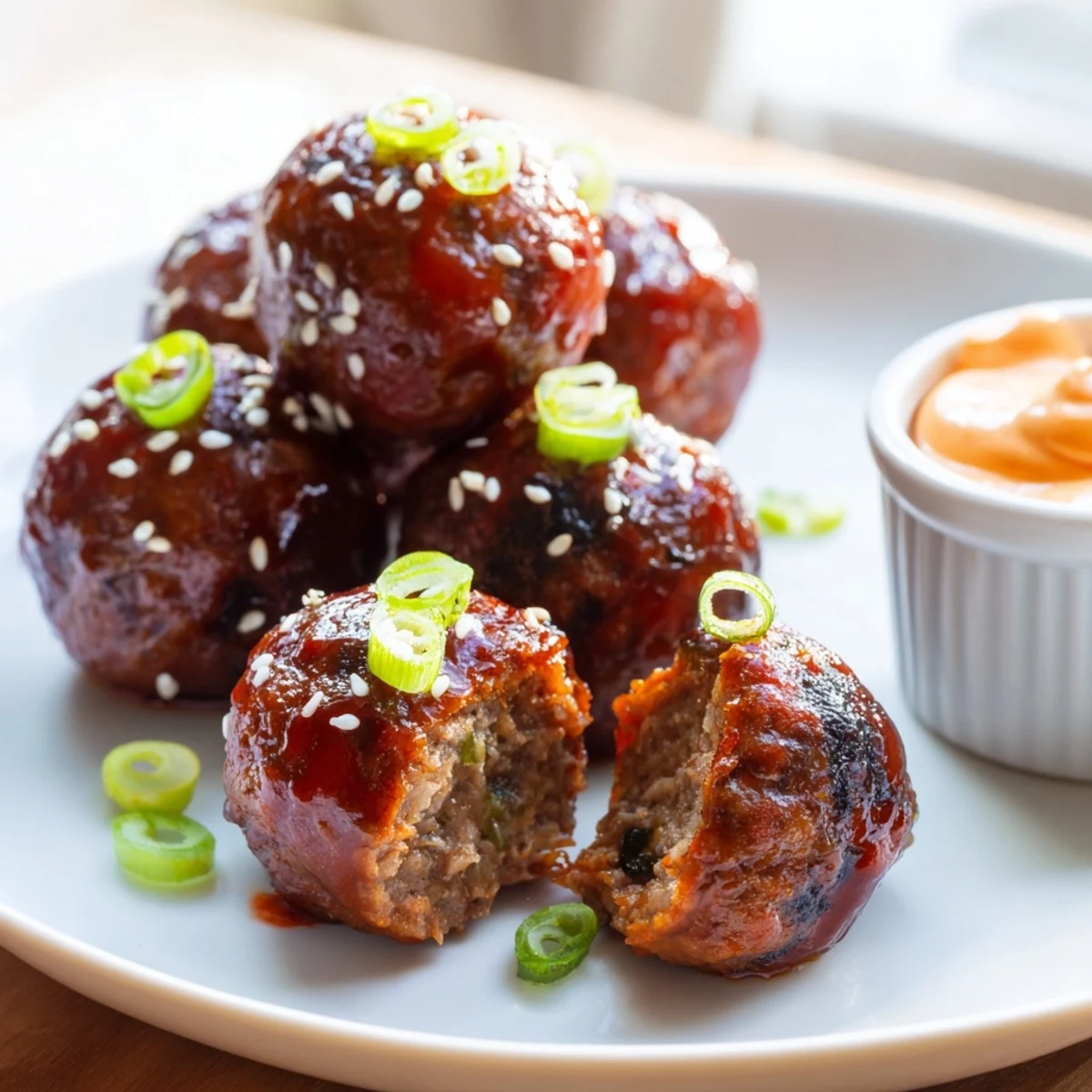 Korean BBQ meatballs glazed and baked until golden with creamy spicy mayo dip