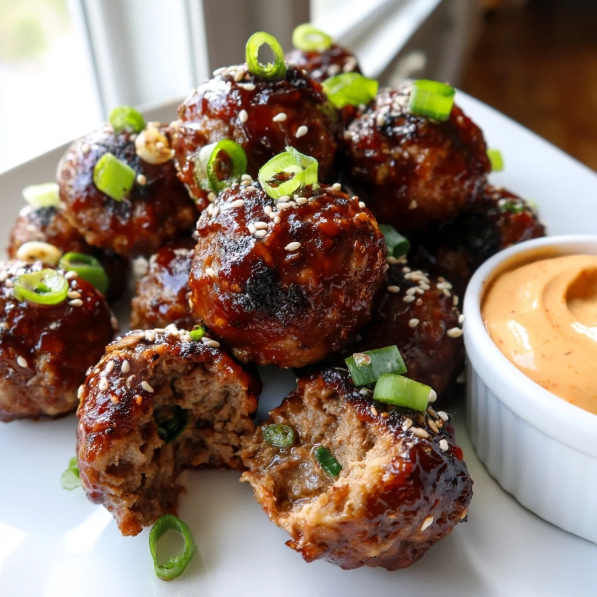Tender Korean BBQ meatballs topped with sesame seeds and green onion garnish
