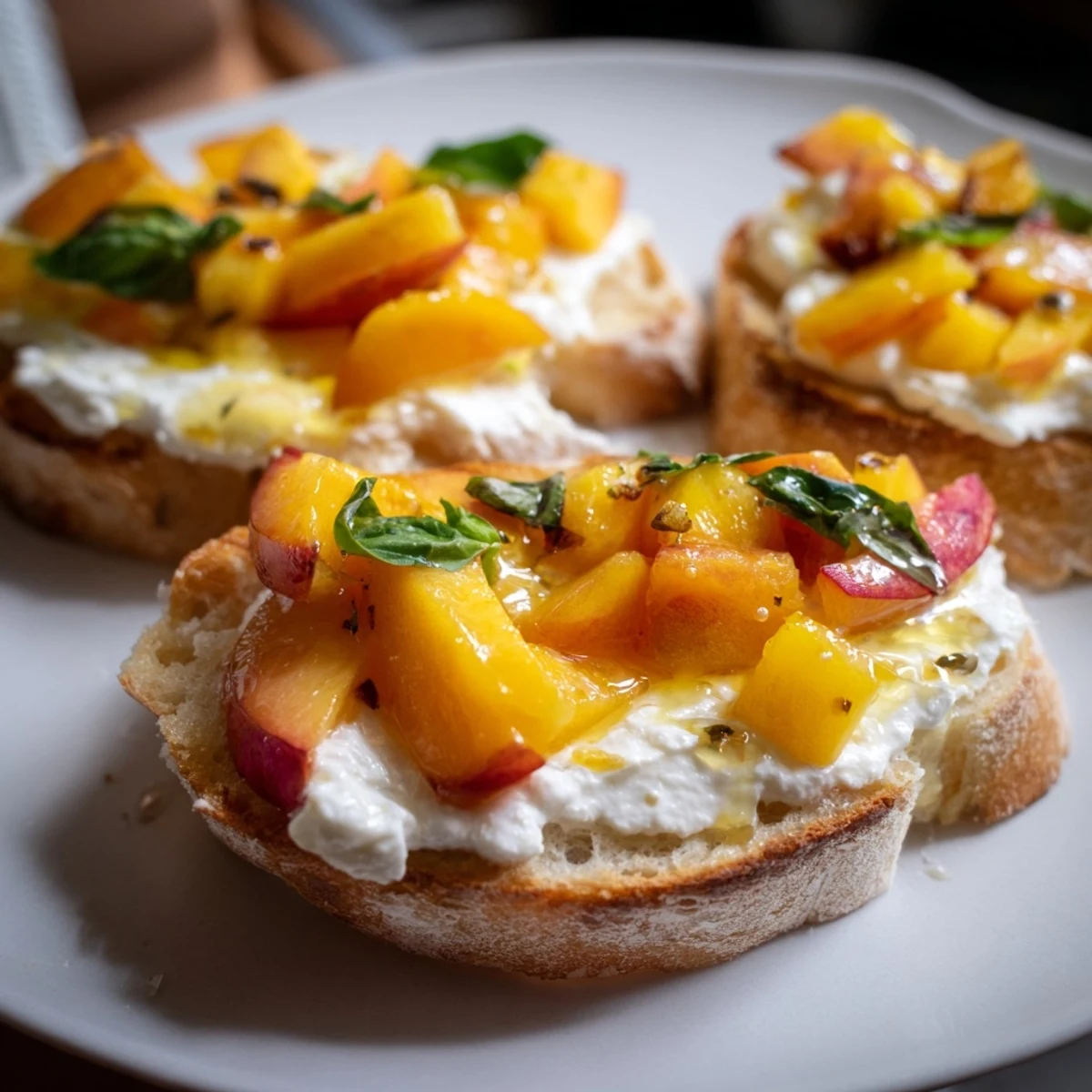 Golden toasted baguette slices topped with creamy ricotta and fresh Sun Kissed Peach Bruschetta