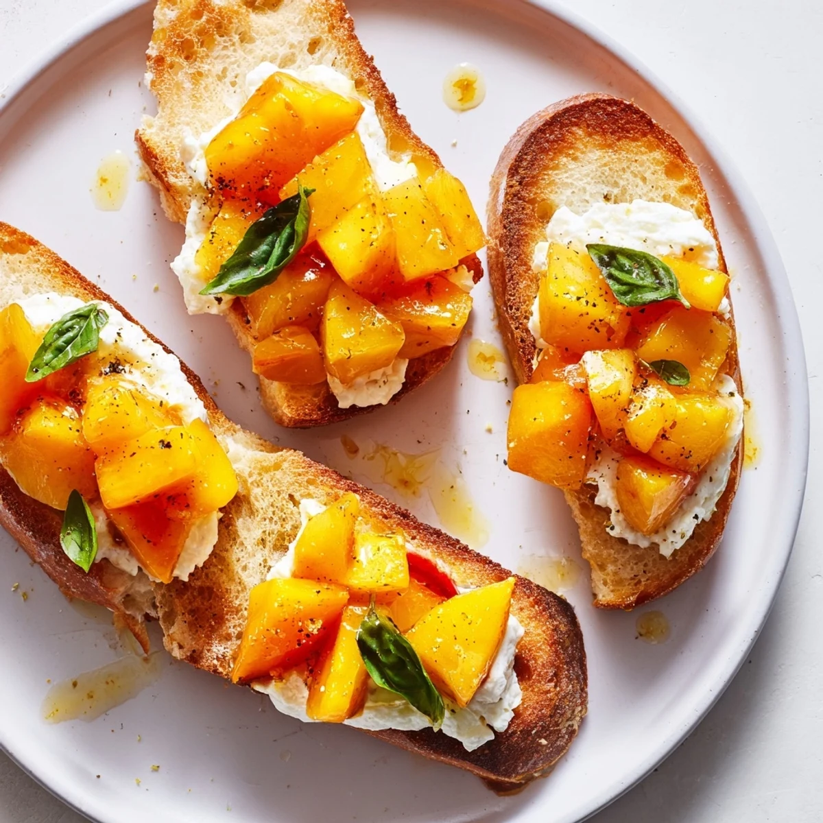 Sun Kissed Peach Bruschetta with honey-drizzled peaches and basil on crispy bread ready to serve