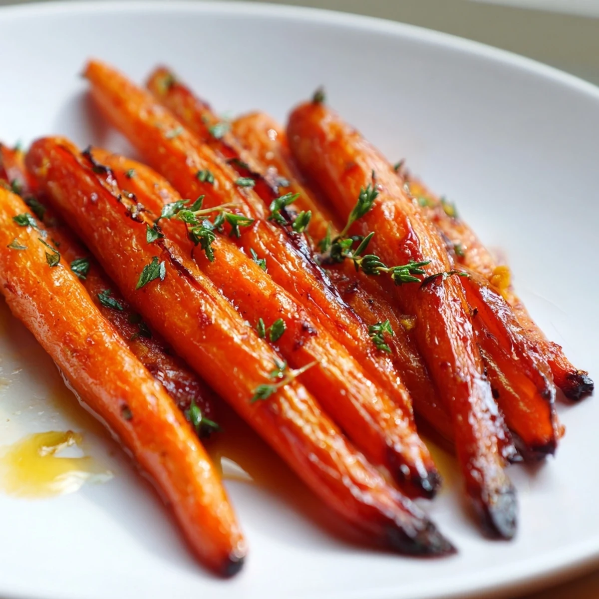 Golden honey roasted carrots glistening with caramelized edges on a rustic white serving platter