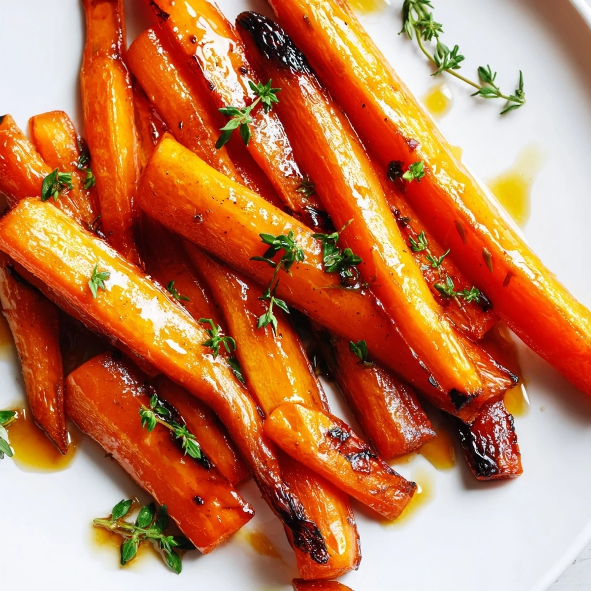 Tender honey roasted carrots with fresh thyme sprinkled on top in a ceramic dish