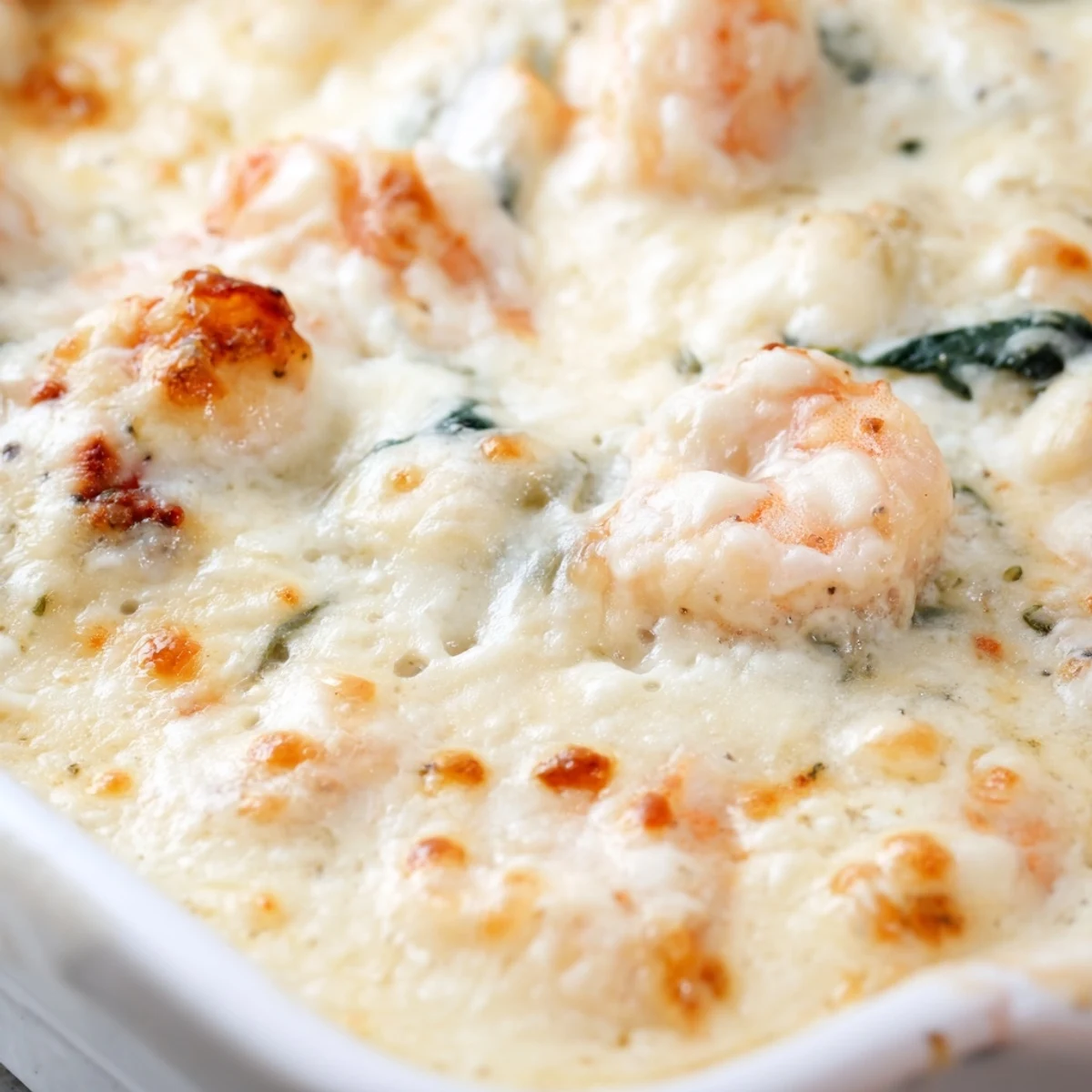 Creamy Low Carb Shrimp Tuscan Bake with golden melted mozzarella and sun-dried tomatoes
