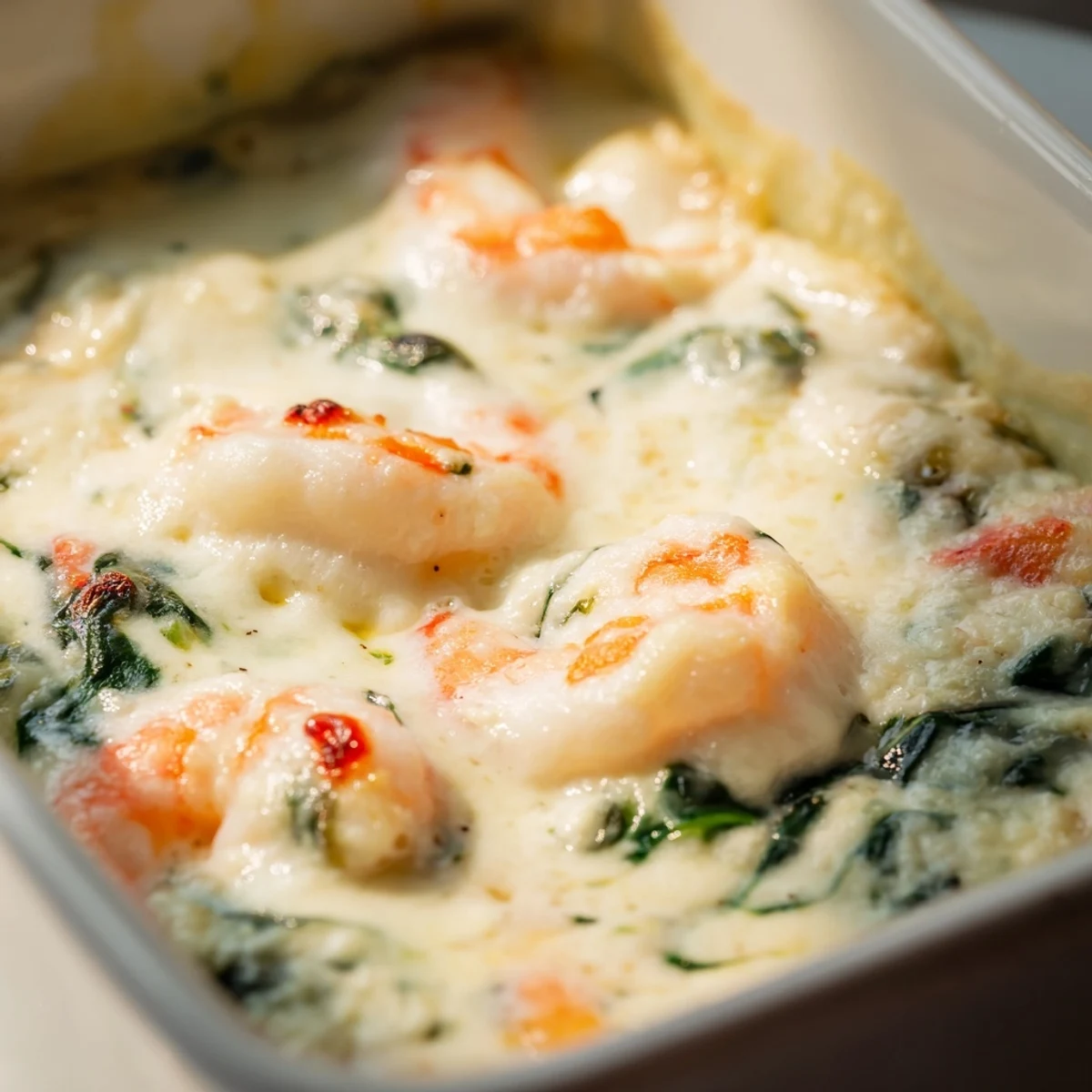 Low Carb Shrimp Tuscan Bake bubbling with rich Parmesan cream sauce and wilted spinach