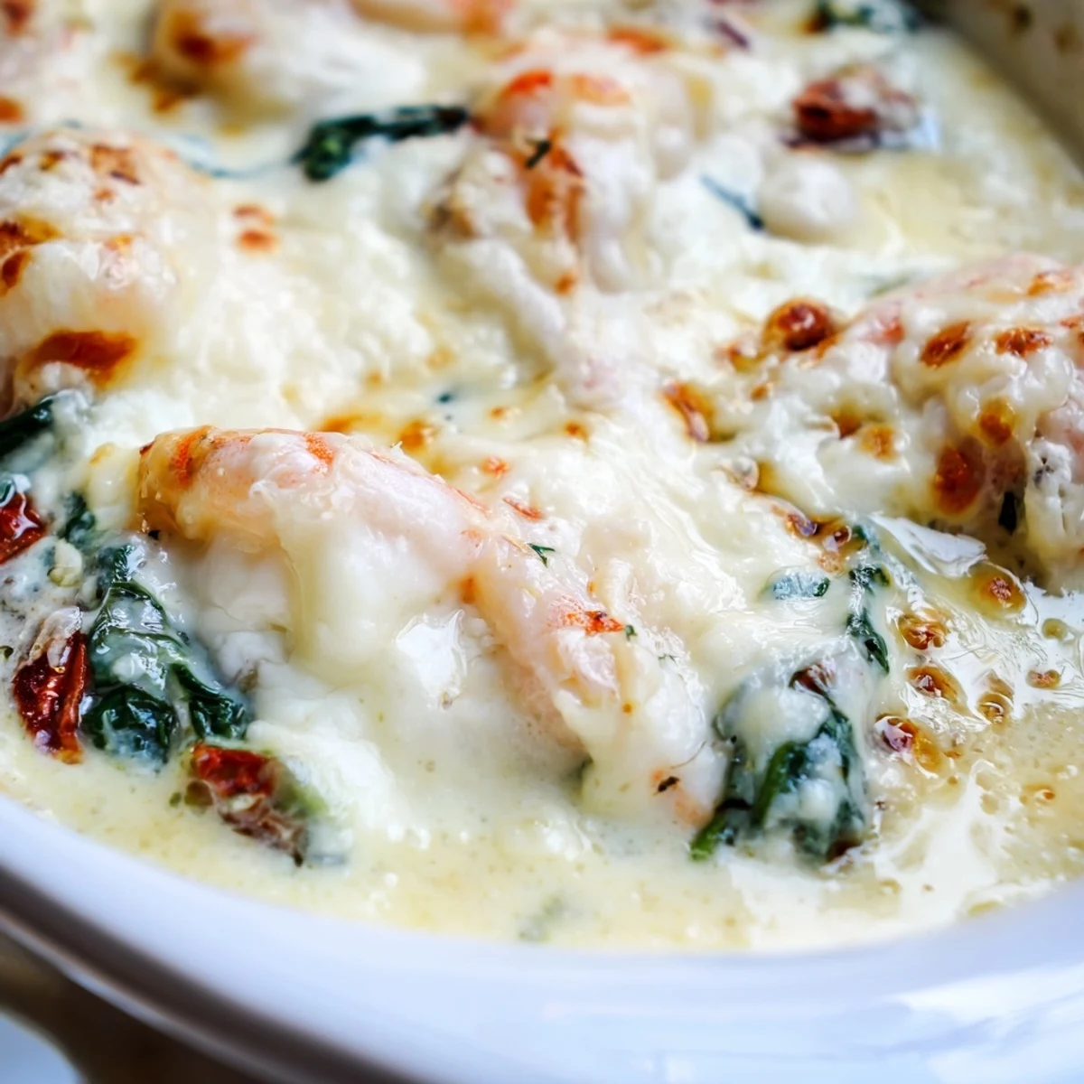 Golden bubbling Low Carb Shrimp Tuscan Bake topped with melted cheese and fresh parsley