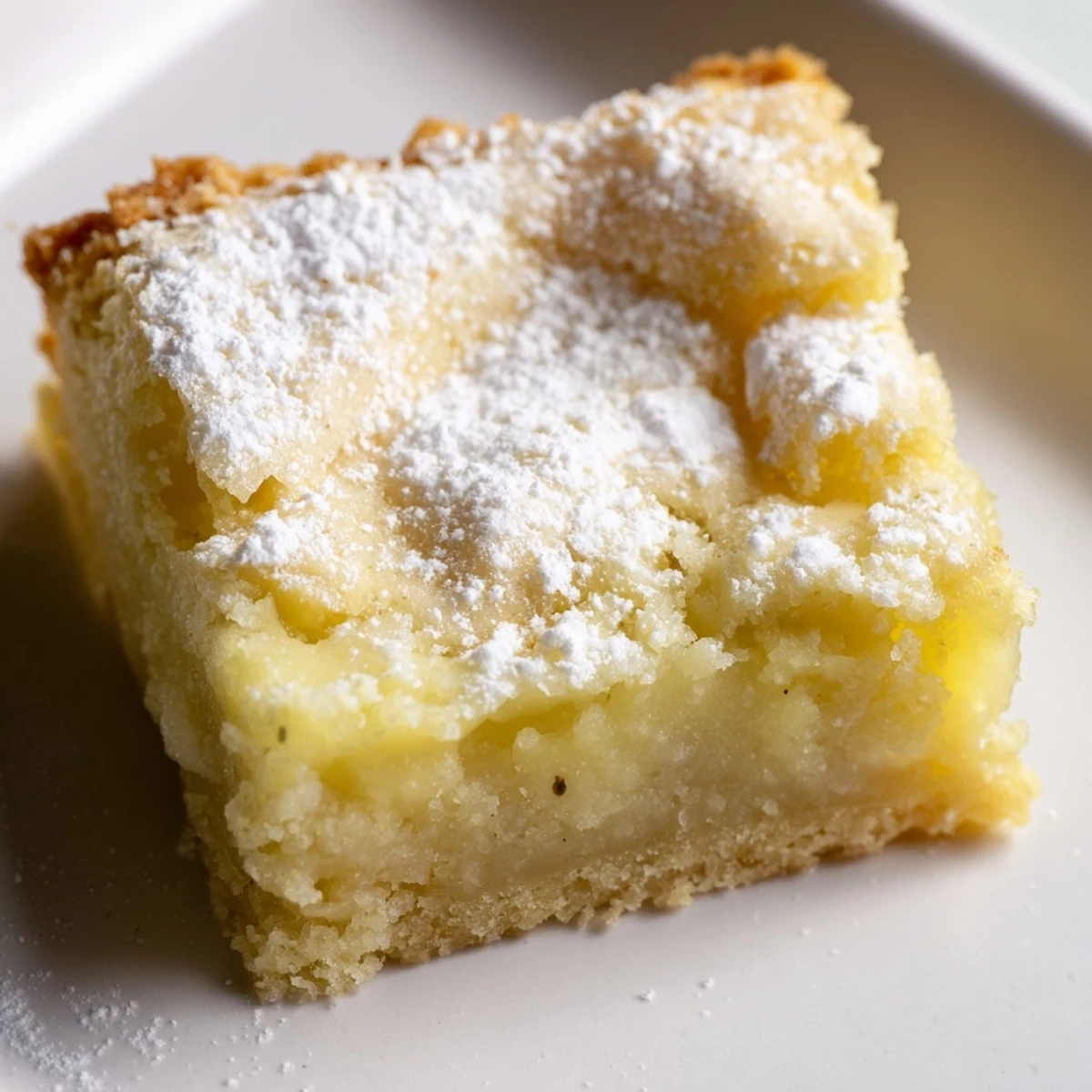 Golden Lemon Gooey Butter Cake squares dusted with powdered sugar on a rustic cutting board