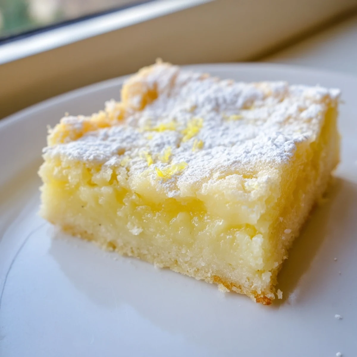 Creamy Lemon Gooey Butter Cake sliced into bars showing its rich custardy filling