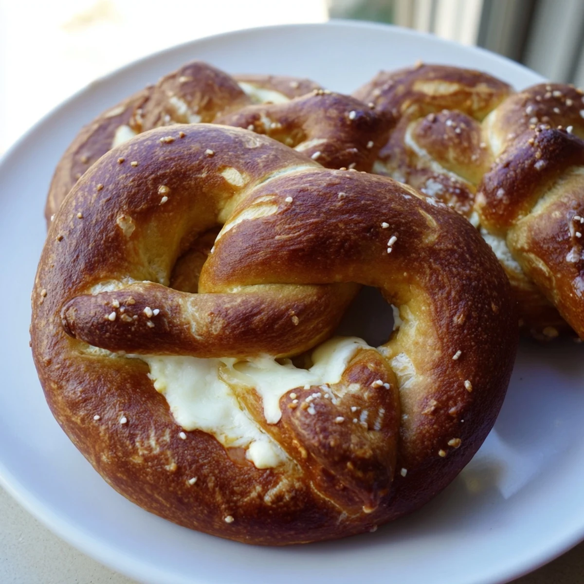 Golden mozzarella stuffed soft pretzels fresh from the oven with coarse salt