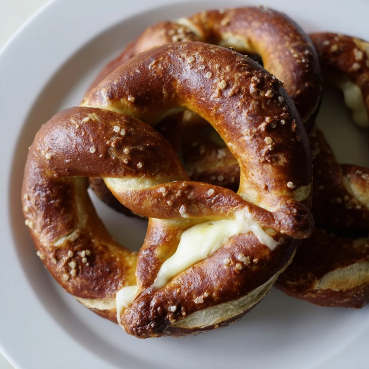 Warm mozzarella stuffed soft pretzels served with marinara dipping sauce on a rustic board