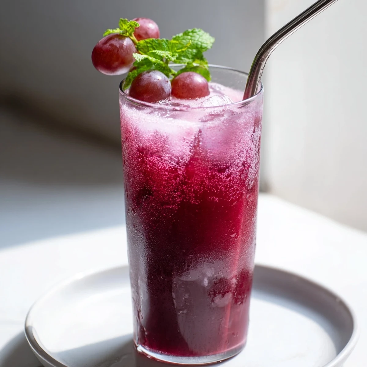 A tall glass of grape agua fresca garnished with fresh mint leaves over ice