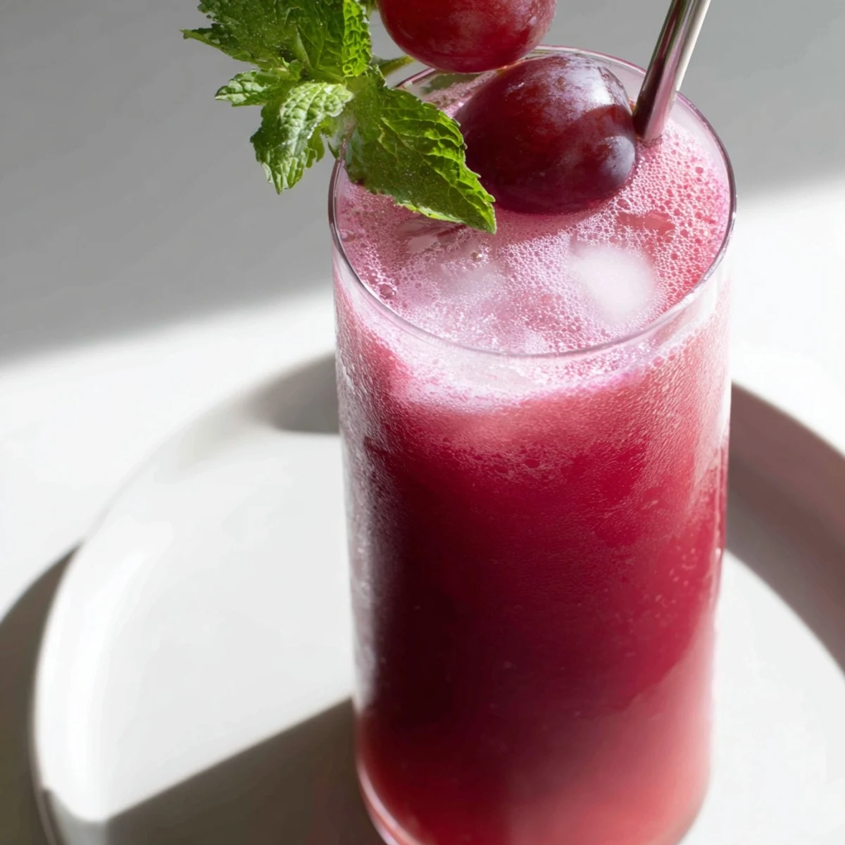 Vibrant purple grape agua fresca served in a pitcher surrounded by fresh grapes