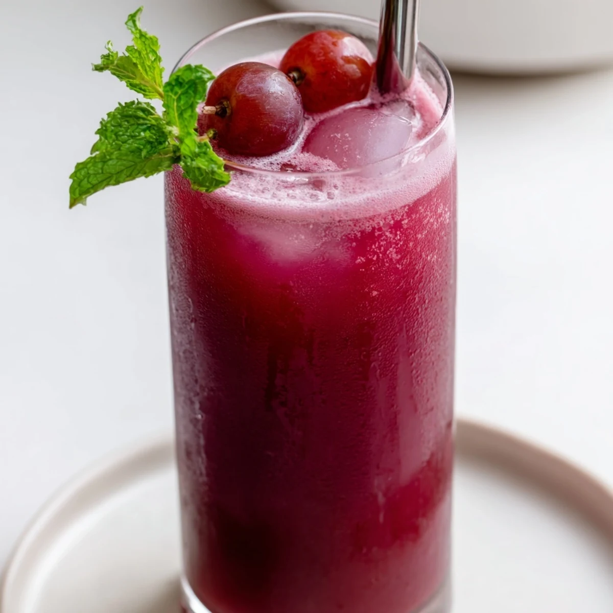 Chilled grape agua fresca poured into a mason jar with lime wedges nearby