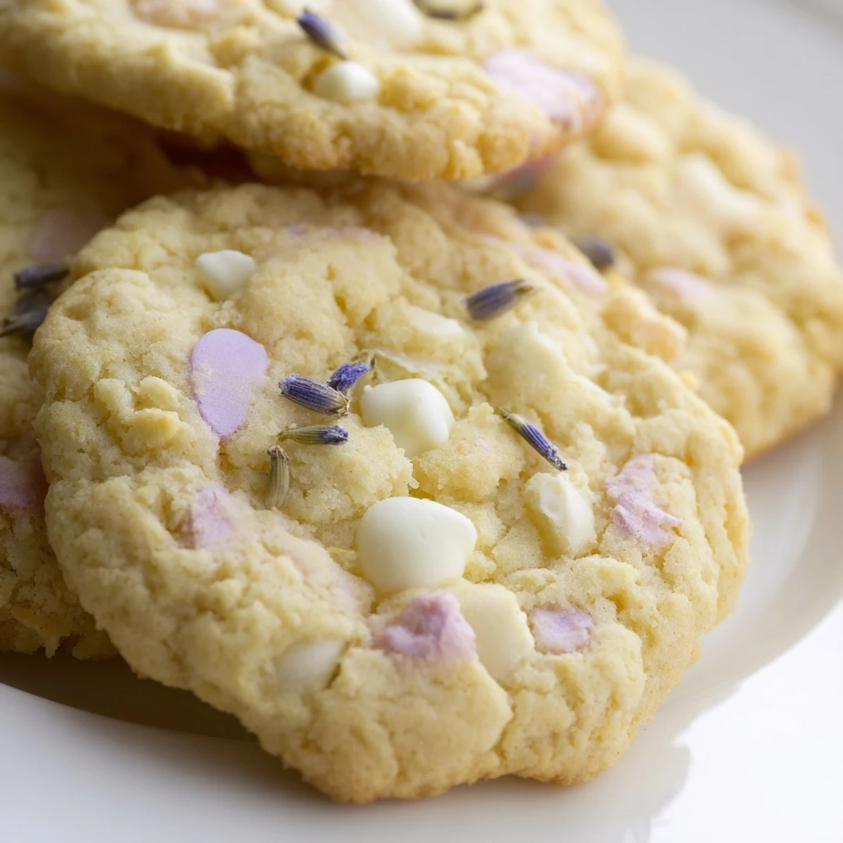 Soft Spring Blossom Cookies topped with pastel sprinkles on a rustic white ceramic plate