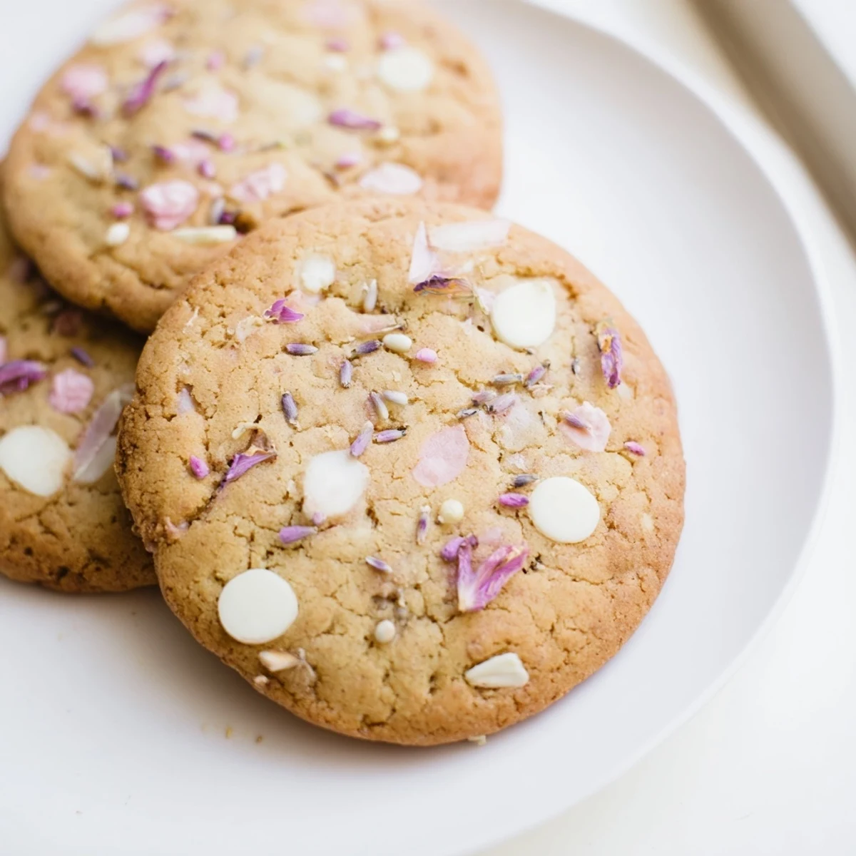 Golden Spring Blossom Cookies fresh from the oven with colorful candy-coated chocolate chips