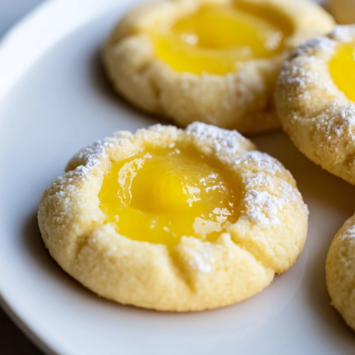 Soft baked lemon curd cookies dusted with powdered sugar on a rustic baking sheet