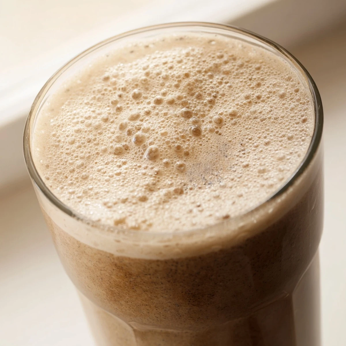 Thick coffee smoothie blended with ripe banana and ice cubes