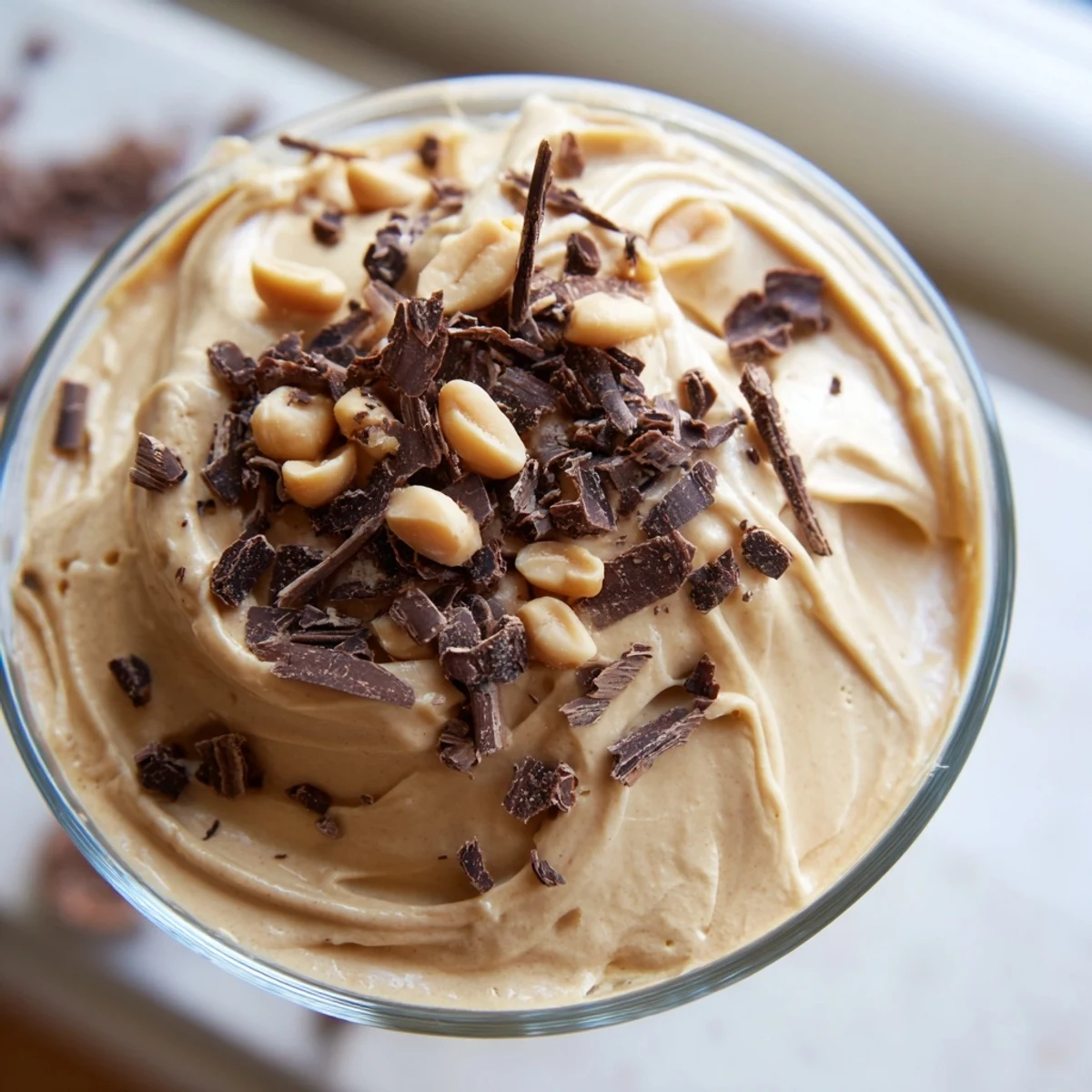 Creamy peanut butter and Cool Whip mousse topped with chocolate shavings and chopped peanuts in glass cups