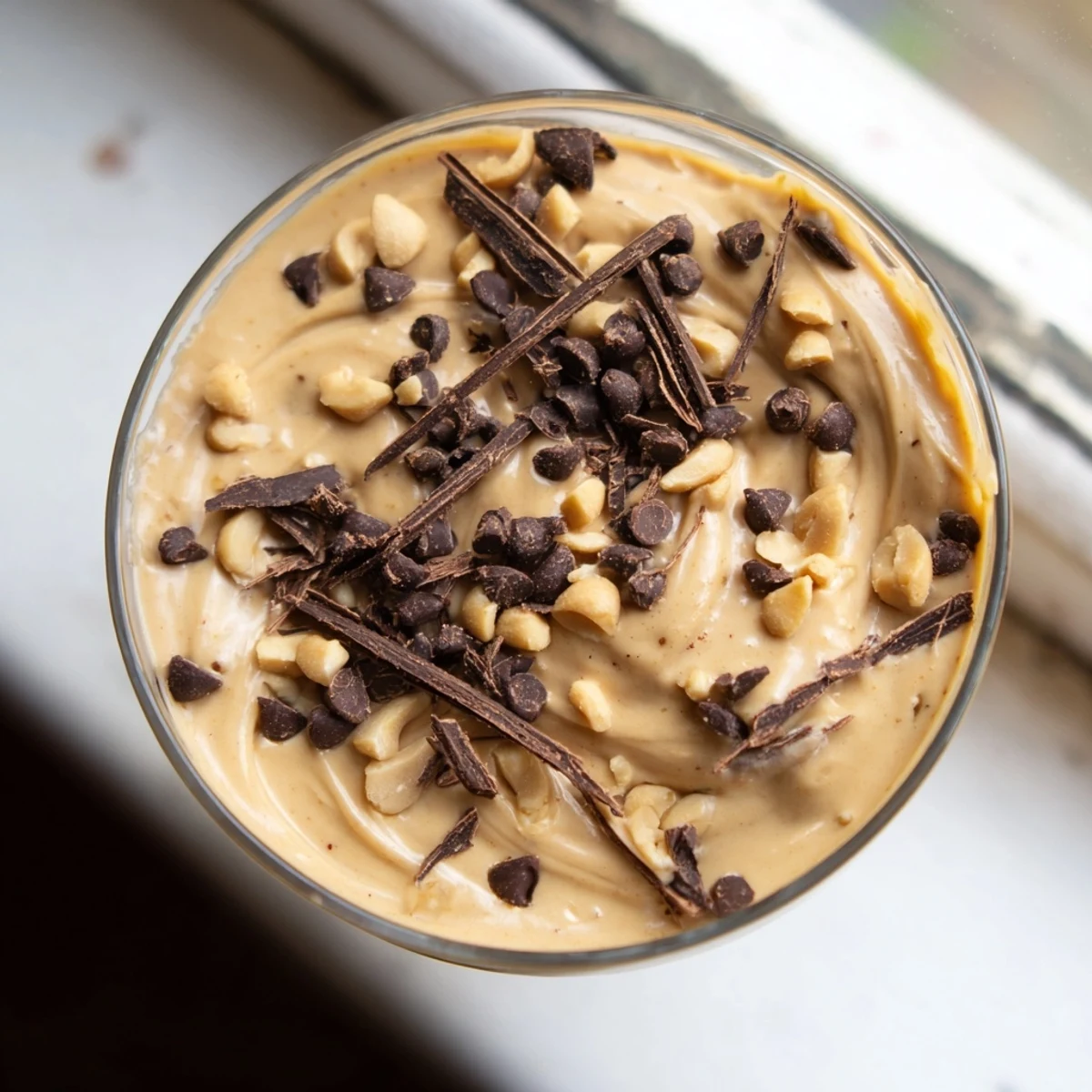 Light and fluffy peanut butter and Cool Whip mousse served chilled in individual dessert bowls