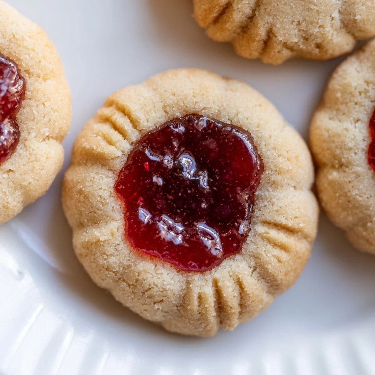 Golden Flower Jam Thumbprint Cookies with glistening jam centers on a rustic white plate