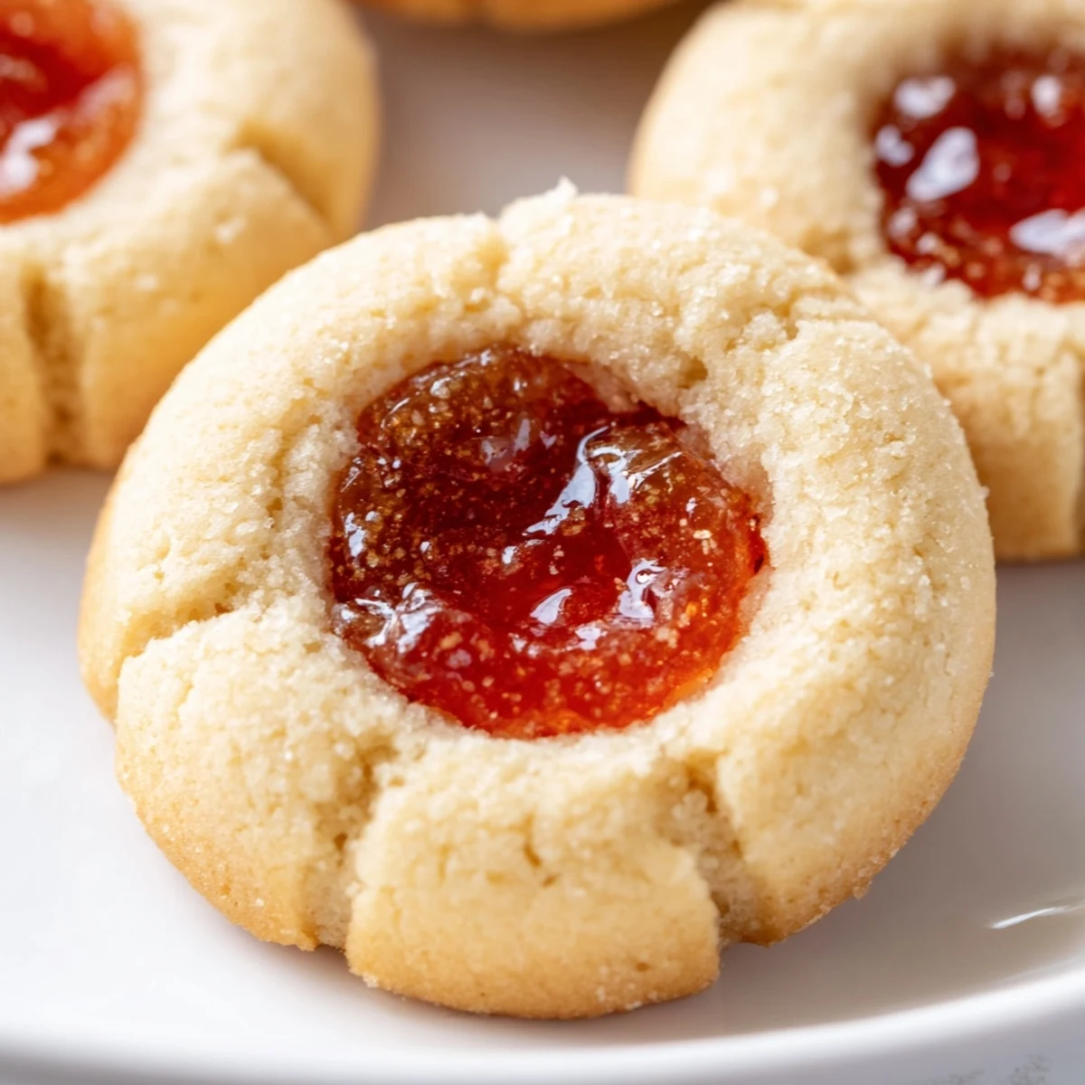 Buttery Flower Jam Thumbprint Cookies featuring jewel-like floral filling bubbling inside tender craters