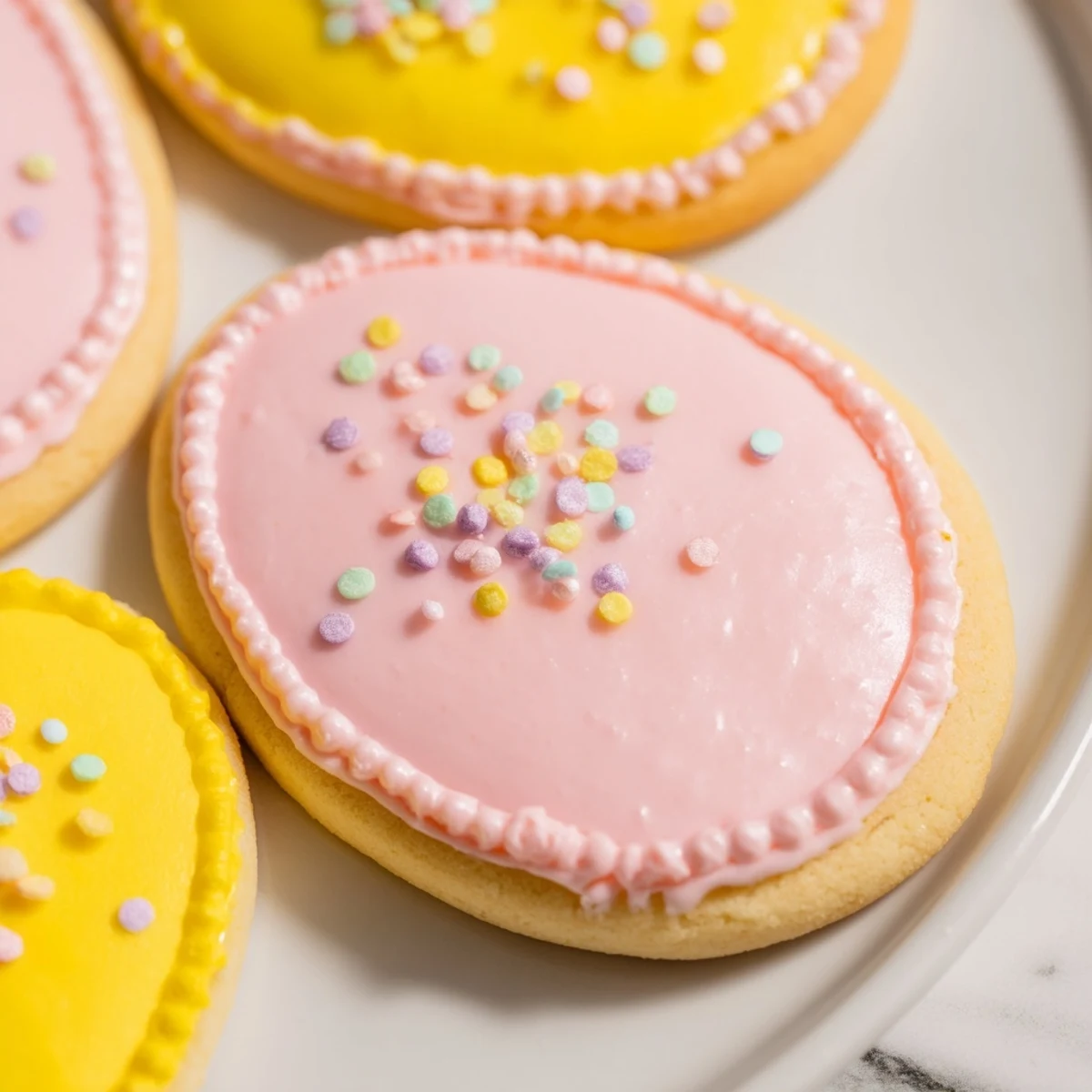 Colorful Spring Easter cookies with pastel icing arranged on a white serving plate