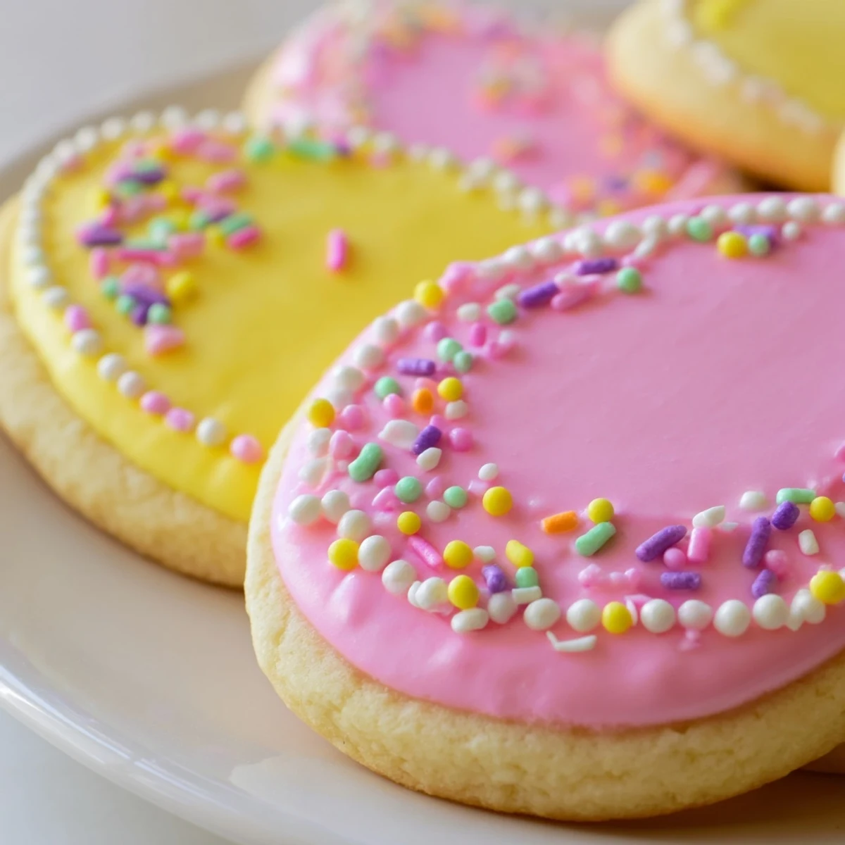 Buttery Spring Easter cookies decorated with pink yellow and green royal icing