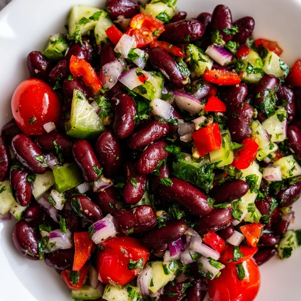 Kidney bean salad tossed with red bell peppers cucumber and tangy vinaigrette