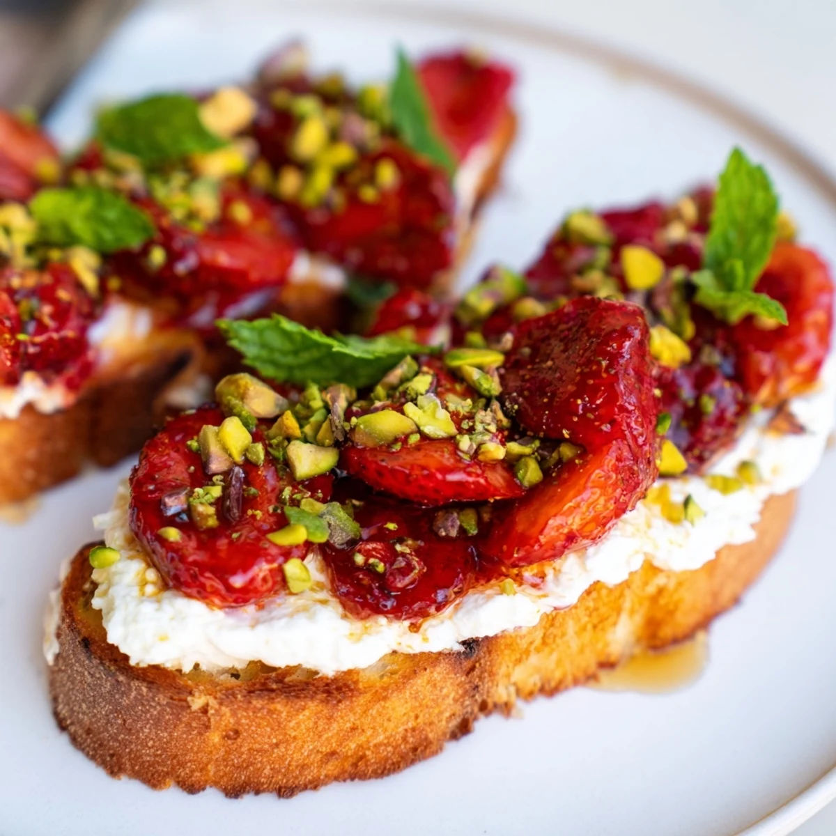 Crispy golden toast topped with fluffy whipped ricotta and sweet roasted strawberry syrup drizzled over top