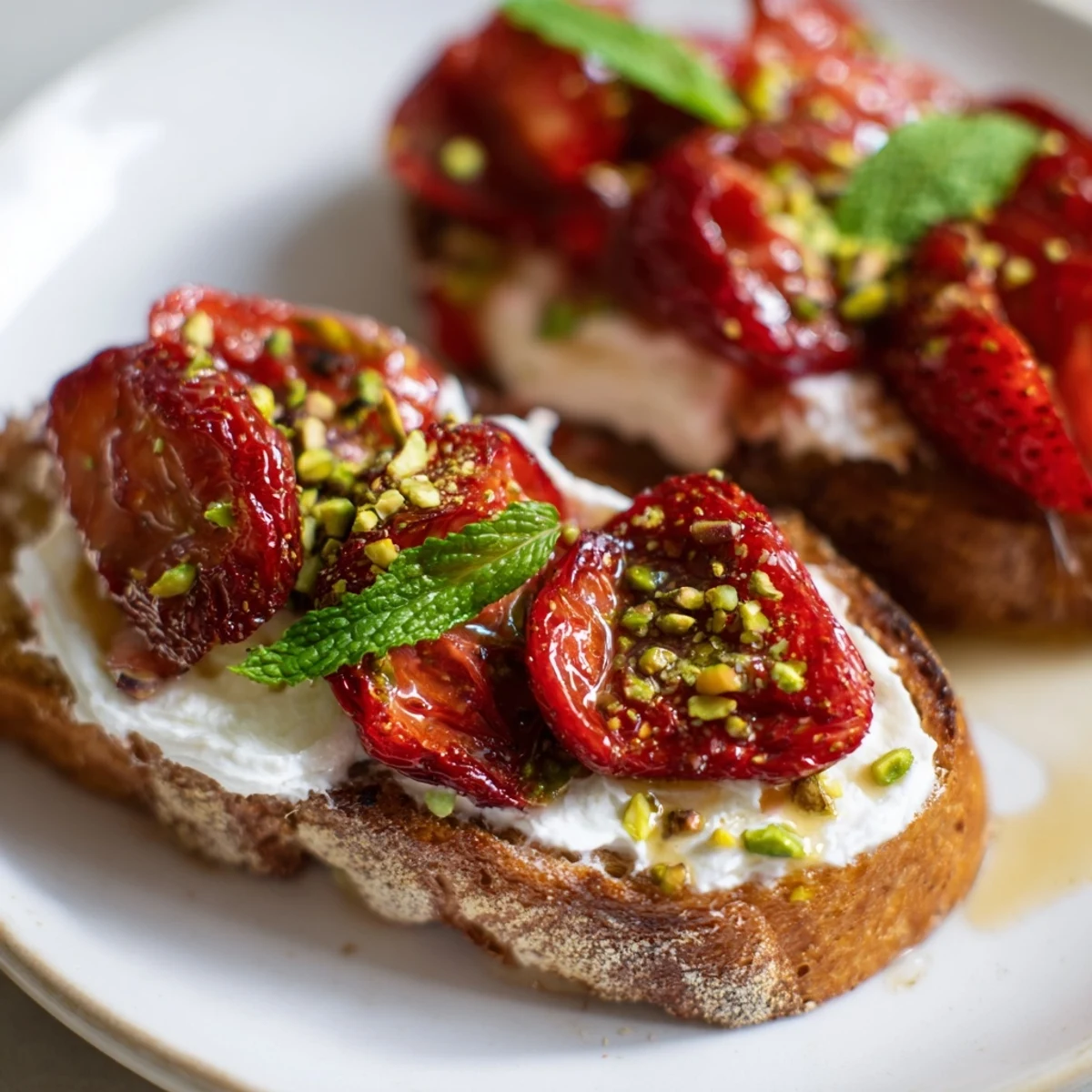 Creamy lemon scented whipped ricotta spread on crusty bread with caramelized roasted strawberries glistening in honey glaze