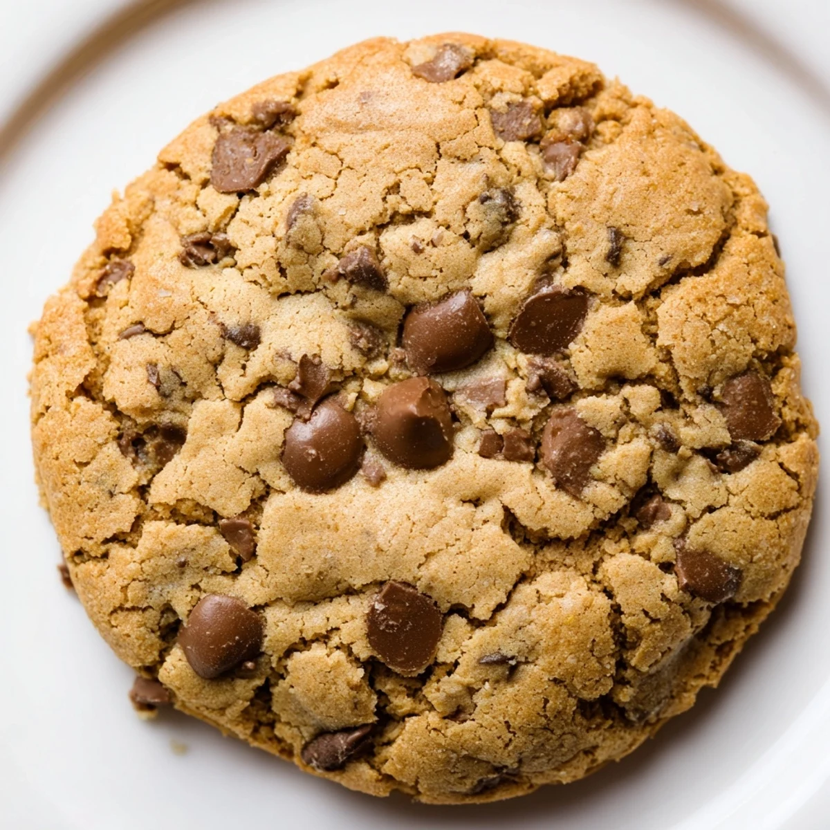 Soft nut free chocolate chip cookies with golden edges on a rustic white plate