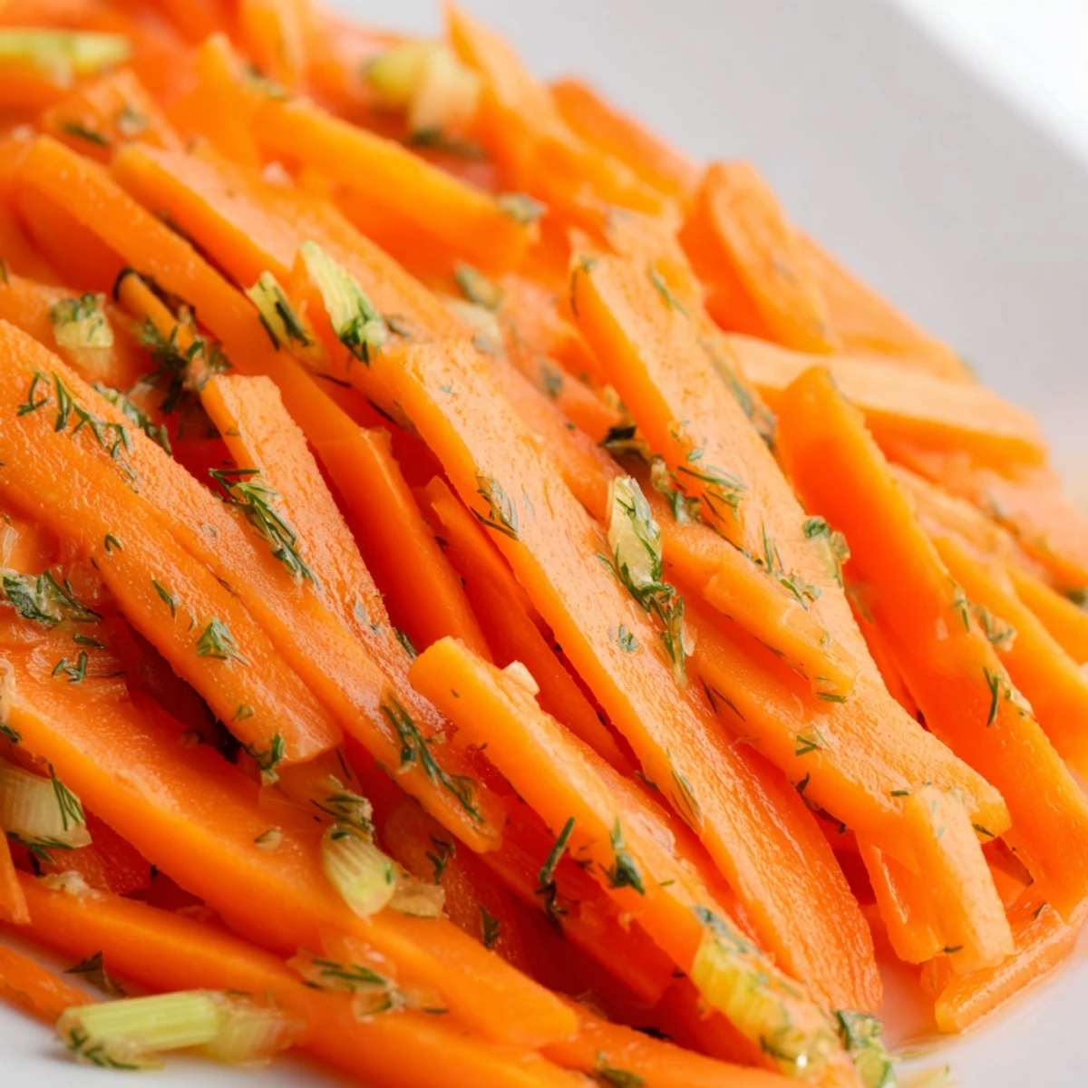 Crisp marinated lemon dill carrot salad glistening with tangy citrus dressing in a serving bowl