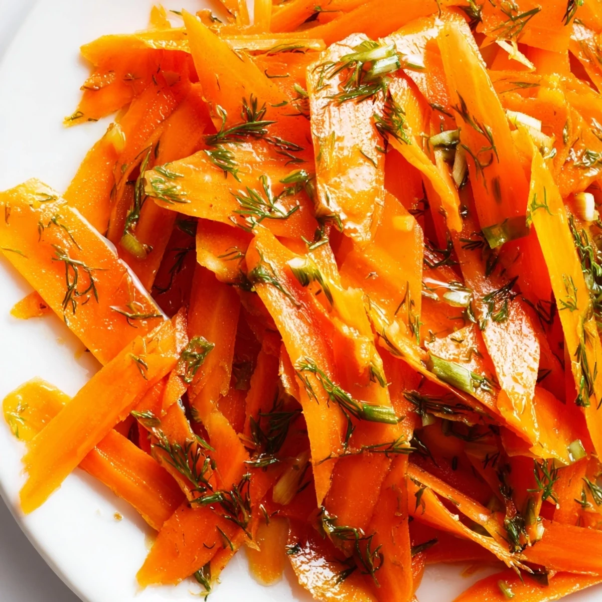 Bright lemon dill carrot salad with julienned strips coated in herbed vinaigrette and fresh scallions