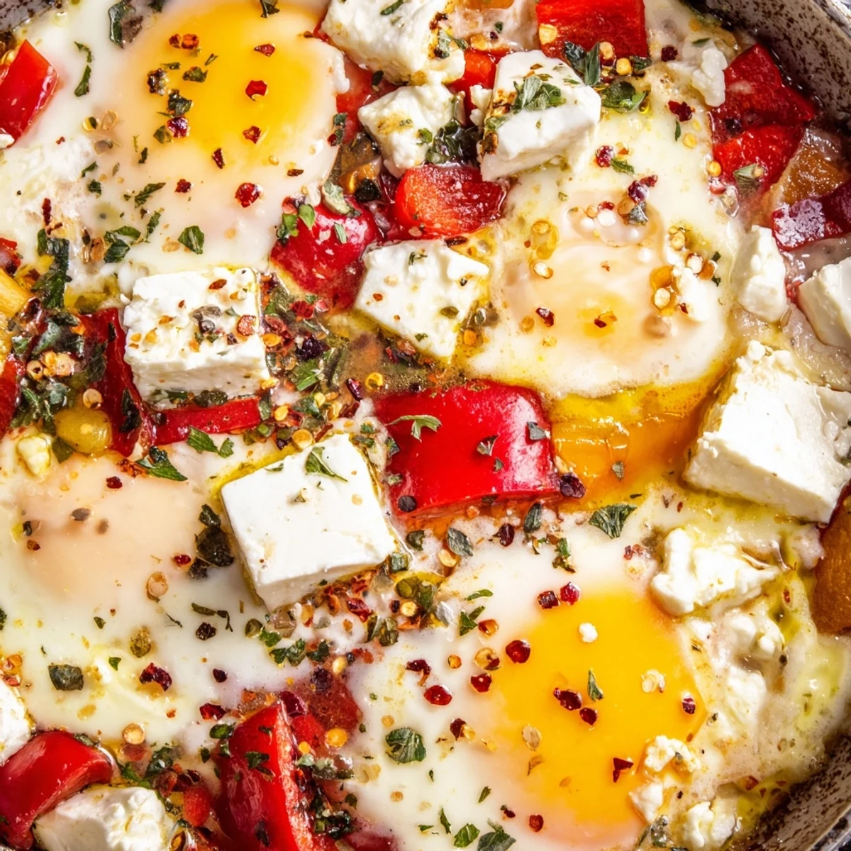 Creamy baked feta eggs with tomatoes and herbs in a cast iron skillet