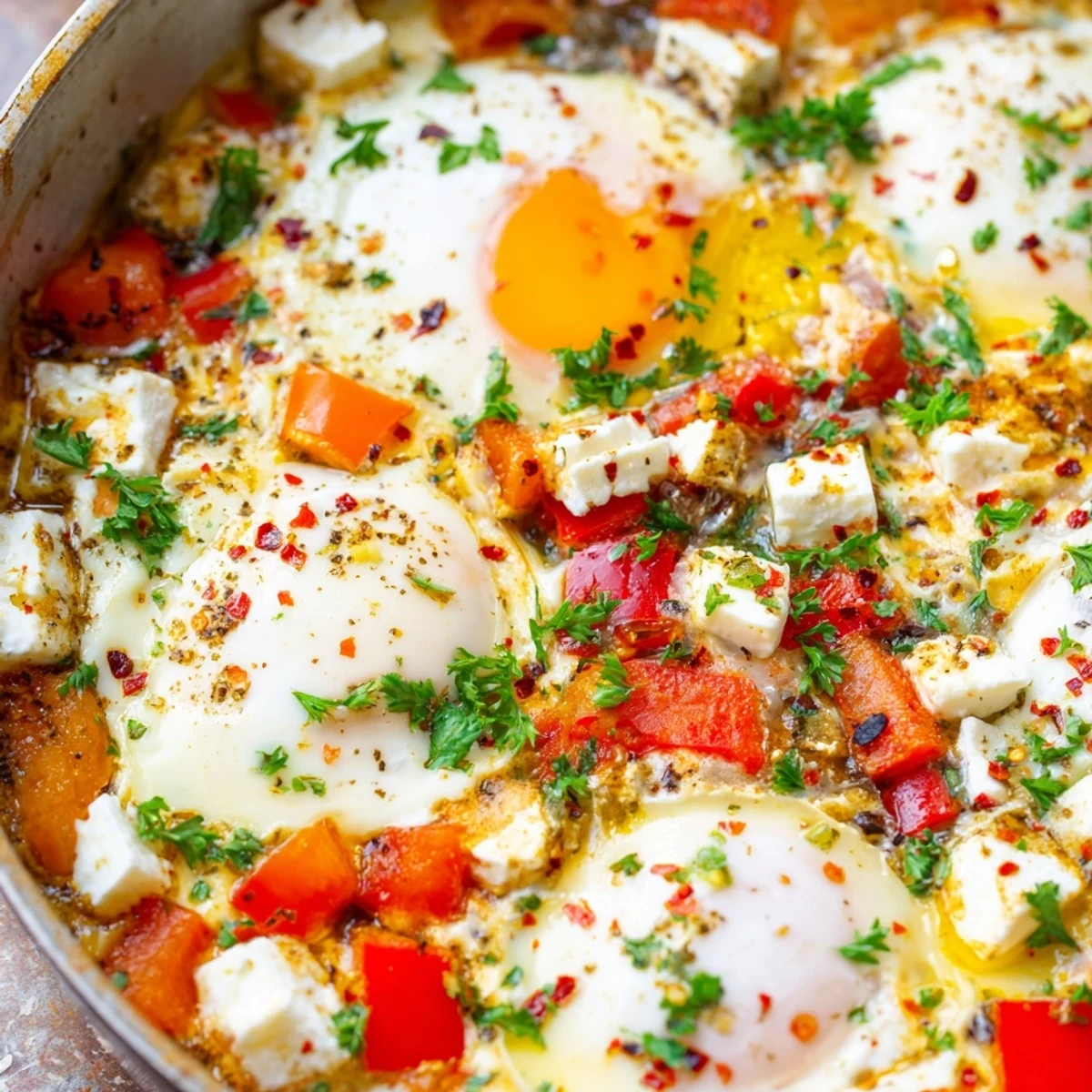 Golden yolks rest atop bubbling feta cheese with roasted red peppers