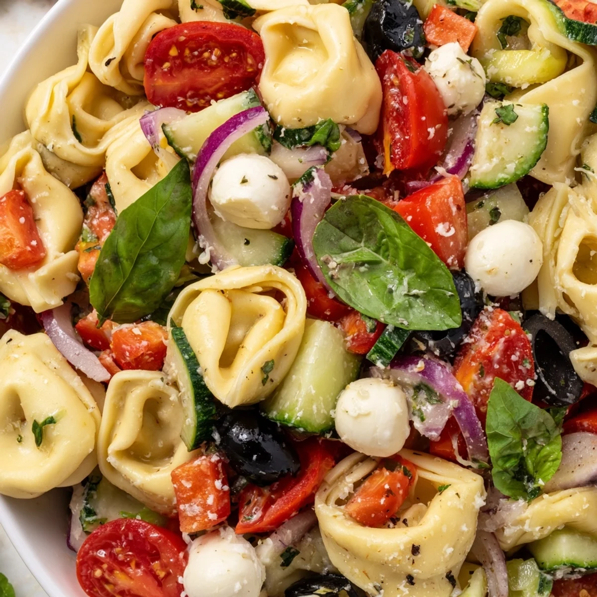 Colorful tortellini salad with cherry tomatoes, cucumber, and zesty Italian dressing in a serving bowl