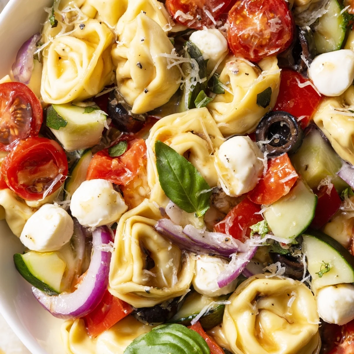 Creamy cheese tortellini salad tossed with crisp vegetables and herbs in a white bowl