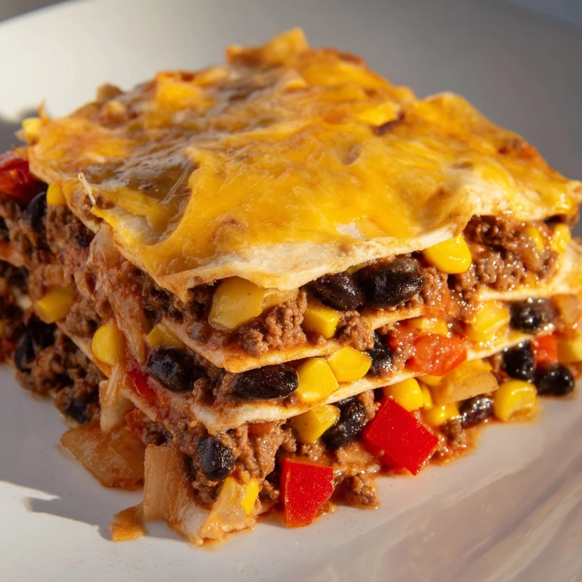 Golden melted cheese tops this Mexican lasagna with layers of seasoned beef and beans