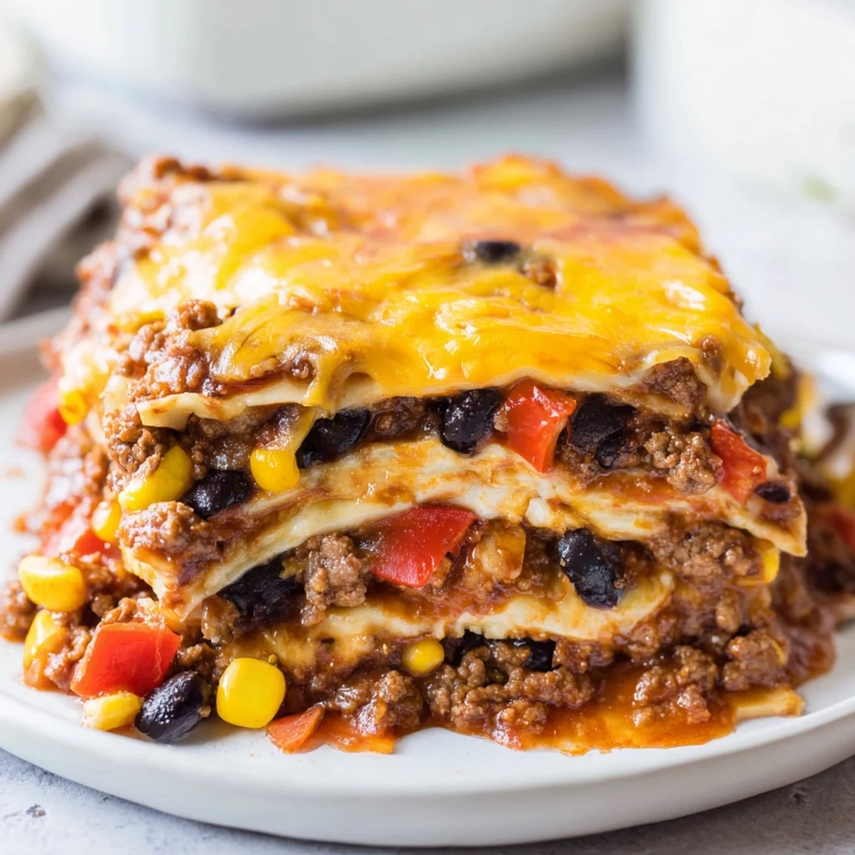 Mexican lasagna bubbling with spicy ground beef corn black beans and melted cheese