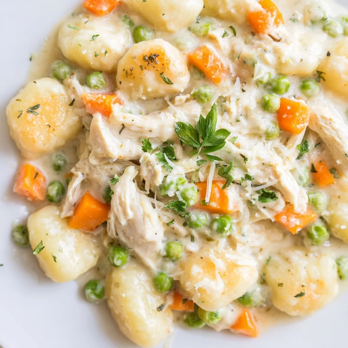 Creamy one pot gnocchi chicken pot pie with tender vegetables in golden savory sauce